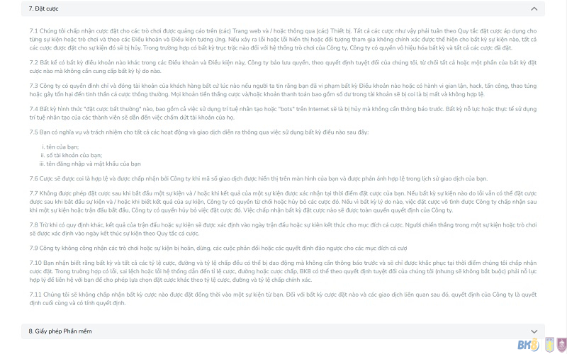 Điều khoản đặt cược và trò chơi